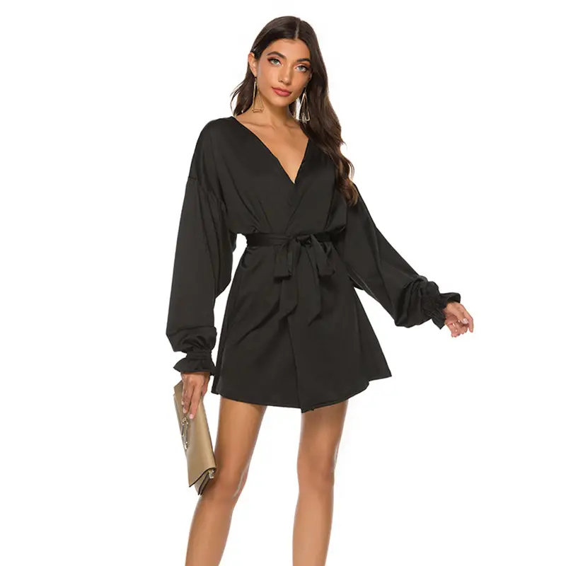 Black Tie Dress with Puff Sleeves V-Neck Long Sleeve - Image 5