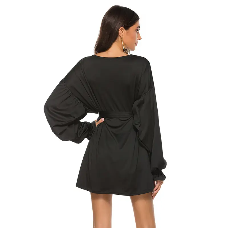 Black Tie Dress with Puff Sleeves V-Neck Long Sleeve - Image 6