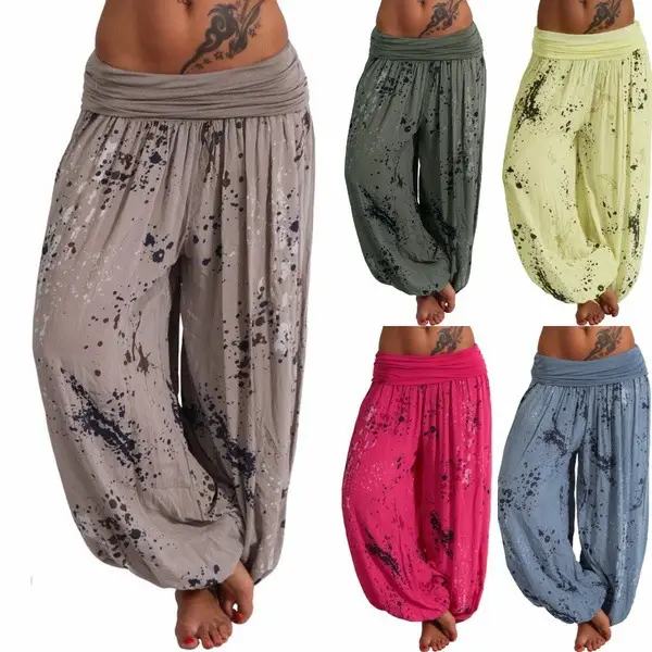 Women's Pink Digital Print Lace-Up Loose Pants