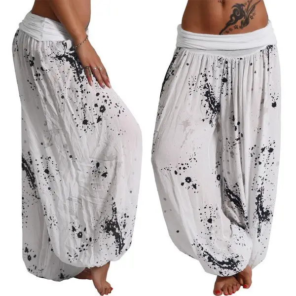 Women's Pink Digital Print Lace-Up Loose Pants