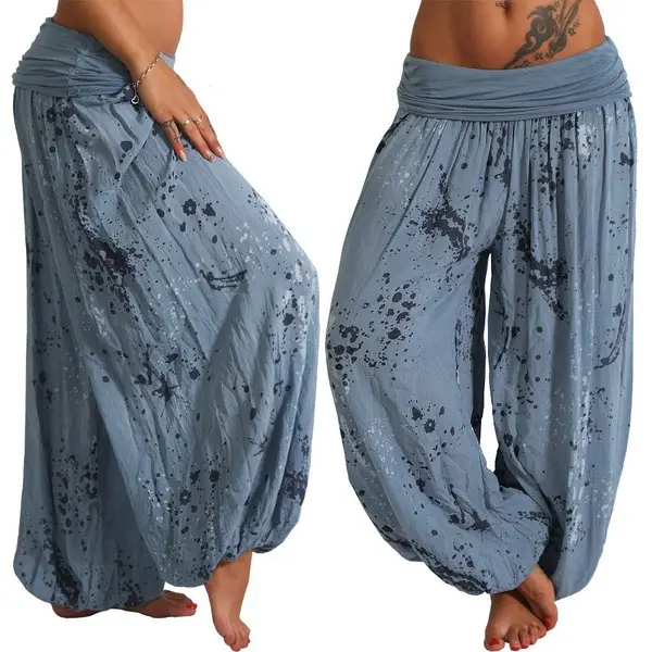 Women's Pink Digital Print Lace-Up Loose Pants