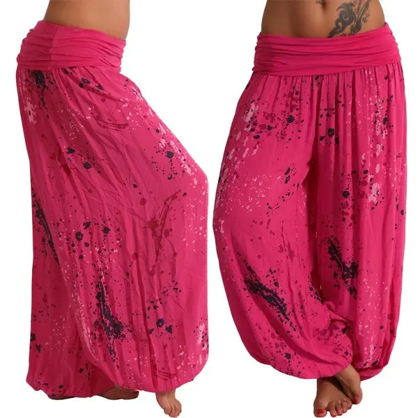 Women's Pink Digital Print Lace-Up Loose Pants