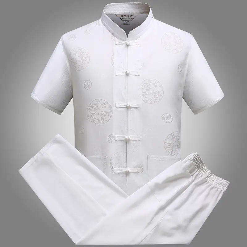 White Chinese Style Short-Sleeved Tang Suit for Men - Image 5