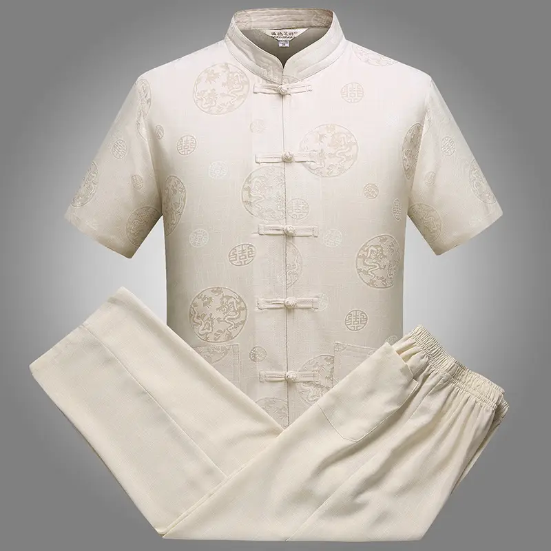 White Chinese Style Short-Sleeved Tang Suit for Men - Image 2