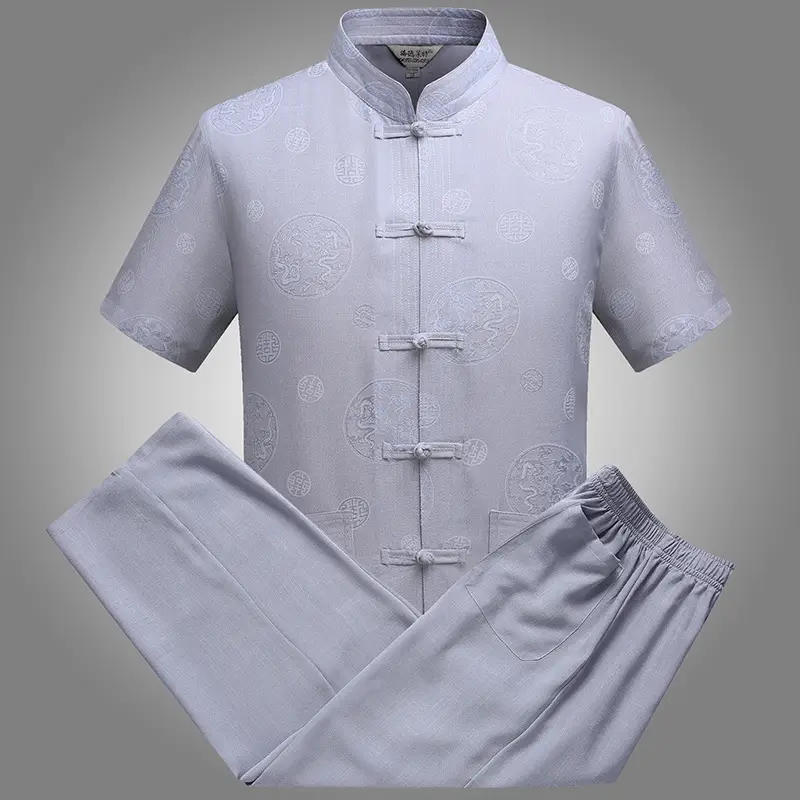 White Chinese Style Short-Sleeved Tang Suit for Men - Image 3