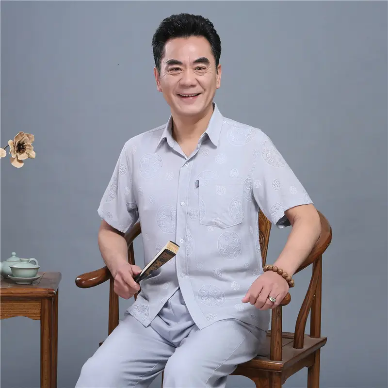 Men Linen Chinese Style Shirt with Fan - Image 2