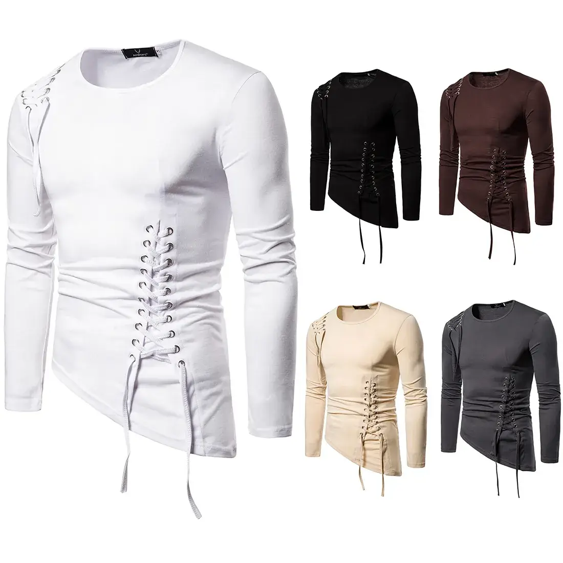 White Long Sleeve Braided Rope T-Shirt Slim Fit