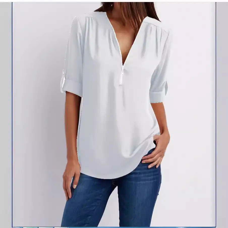 Blue V-Neck Zipper Chiffon Shirt Large Women - Image 19