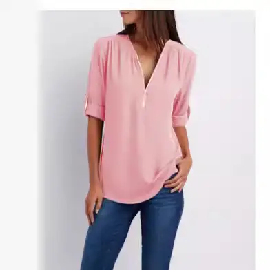 Blue V-Neck Zipper Chiffon Shirt Large Women - Image 20