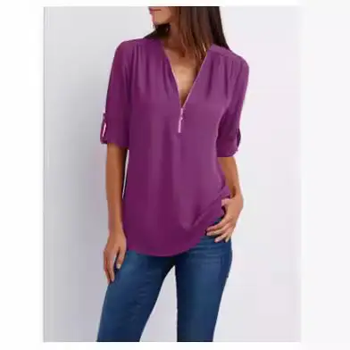 Blue V-Neck Zipper Chiffon Shirt Large Women - Image 21