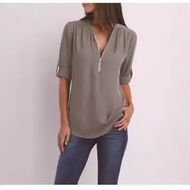 Blue V-Neck Zipper Chiffon Shirt Large Women - Image 22