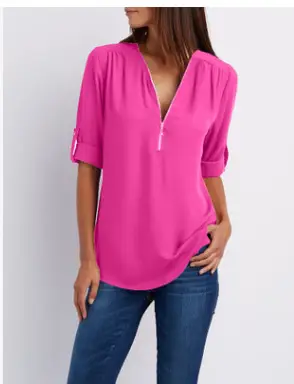 Blue V-Neck Zipper Chiffon Shirt Large Women - Image 10