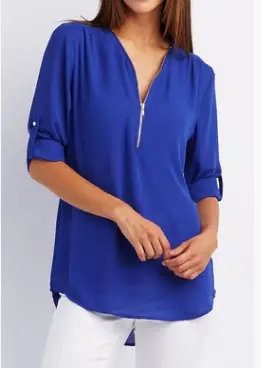 Blue V-Neck Zipper Chiffon Shirt Large Women - Image 11