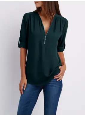 Blue V-Neck Zipper Chiffon Shirt Large Women - Image 12