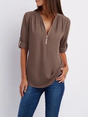 Blue V-Neck Zipper Chiffon Shirt Large Women - Image 13