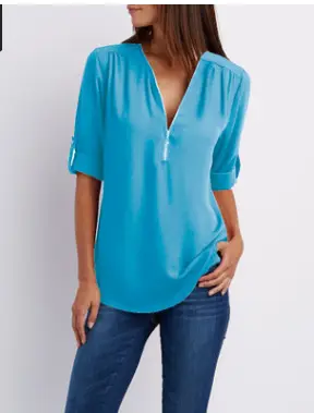 Blue V-Neck Zipper Chiffon Shirt Large Women - Image 14