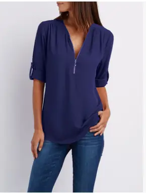 Blue V-Neck Zipper Chiffon Shirt Large Women - Image 15