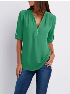 Blue V-Neck Zipper Chiffon Shirt Large Women - Image 16