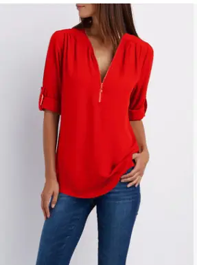 Blue V-Neck Zipper Chiffon Shirt Large Women - Image 17