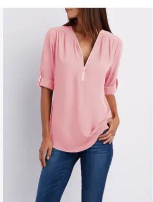 Blue V-Neck Zipper Chiffon Shirt Large Women - Image 2