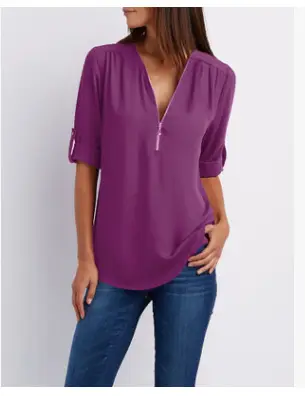 Blue V-Neck Zipper Chiffon Shirt Large Women - Image 3