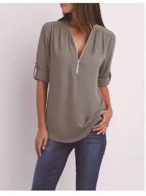 Blue V-Neck Zipper Chiffon Shirt Large Women - Image 4