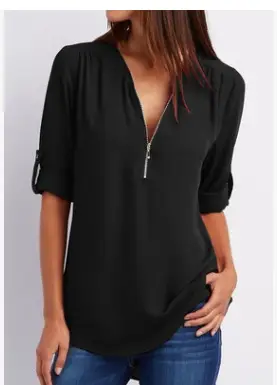 Blue V-Neck Zipper Chiffon Shirt Large Women - Image 5