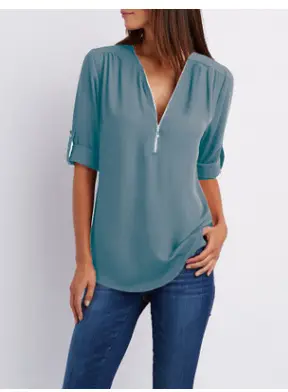 Blue V-Neck Zipper Chiffon Shirt Large Women - Image 6