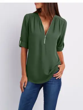 Blue V-Neck Zipper Chiffon Shirt Large Women - Image 7