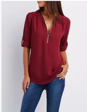 Blue V-Neck Zipper Chiffon Shirt Large Women - Image 8