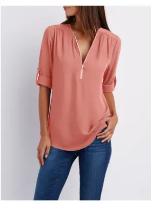Blue V-Neck Zipper Chiffon Shirt Large Women - Image 9