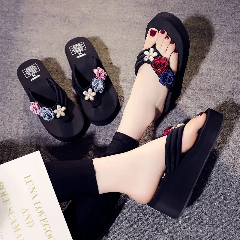 2023 Rhinestone Rose Flip Flops Women Wedge Slippers Black