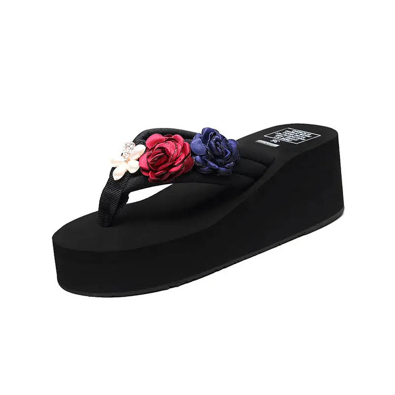 2023 Rhinestone Rose Flip Flops Women Wedge Slippers Black