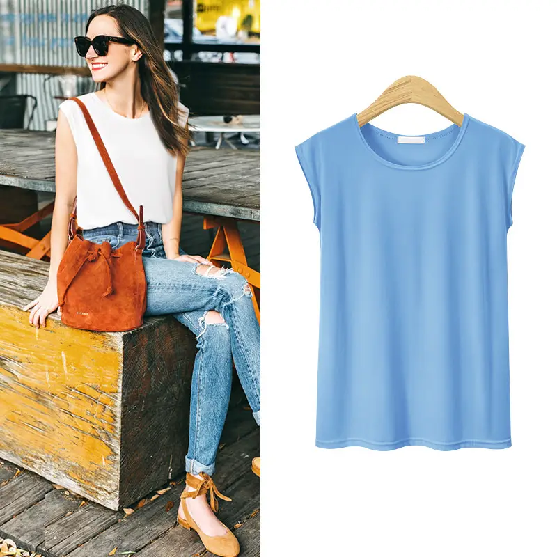Women Sleeveless T-Shirt Blue Extra Large Loose Solid Top Large - Image 9