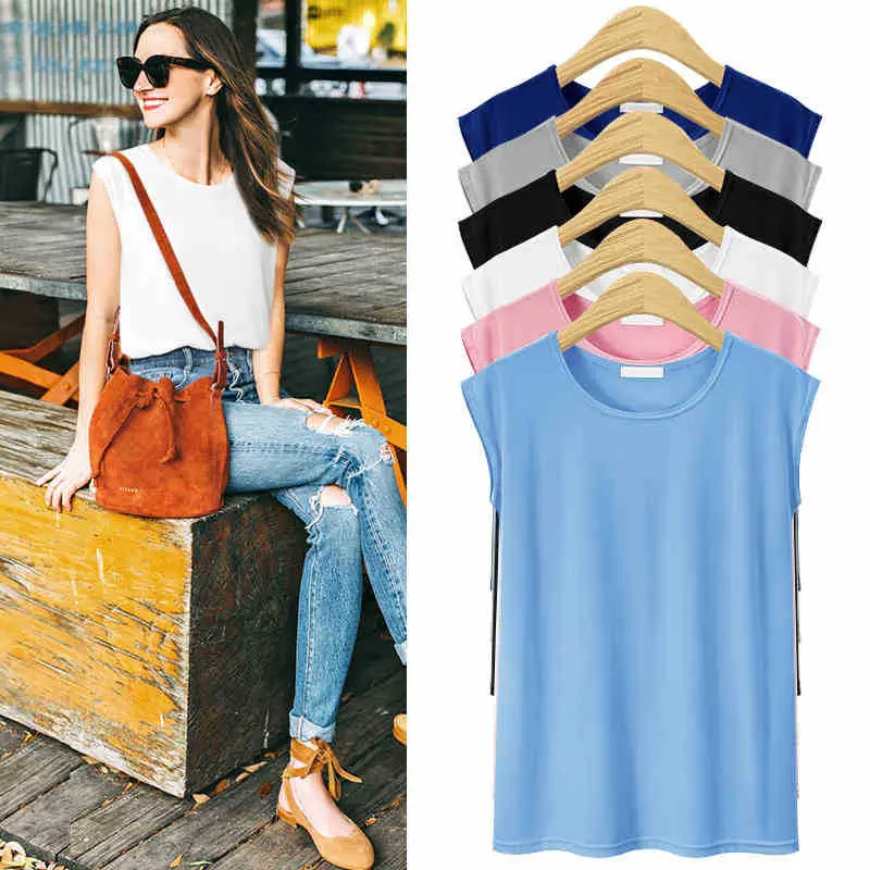 Pink Sleeveless Crewneck T-Shirt Plus Size - Image 7