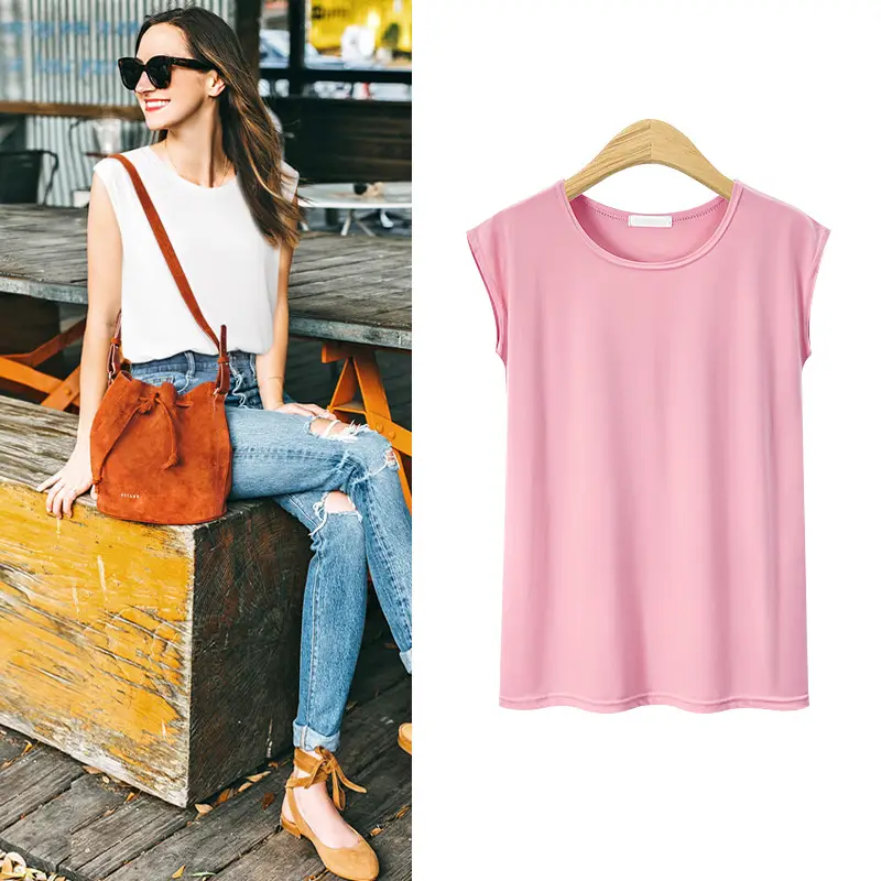 Pink Sleeveless Crewneck T-Shirt Plus Size - Image 10