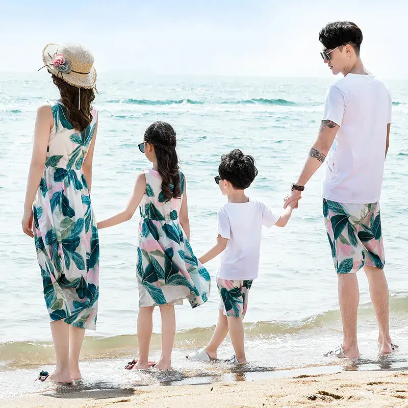 2023 Summer Family Beach Suit Green Leaf Print - Image 4