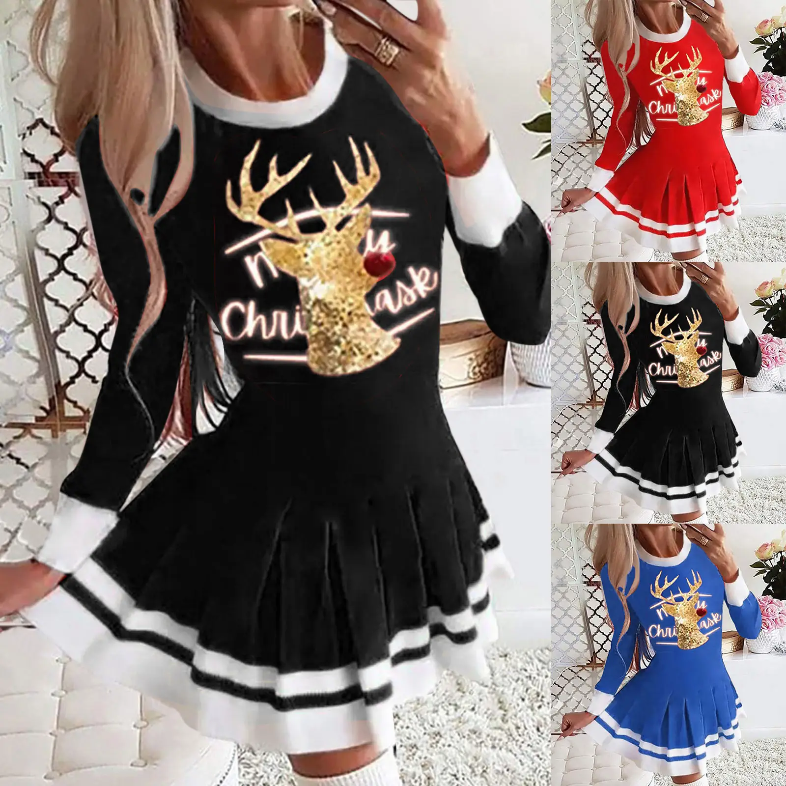 2025 Printed Pleated Dress Blue Deer Design - Image 4