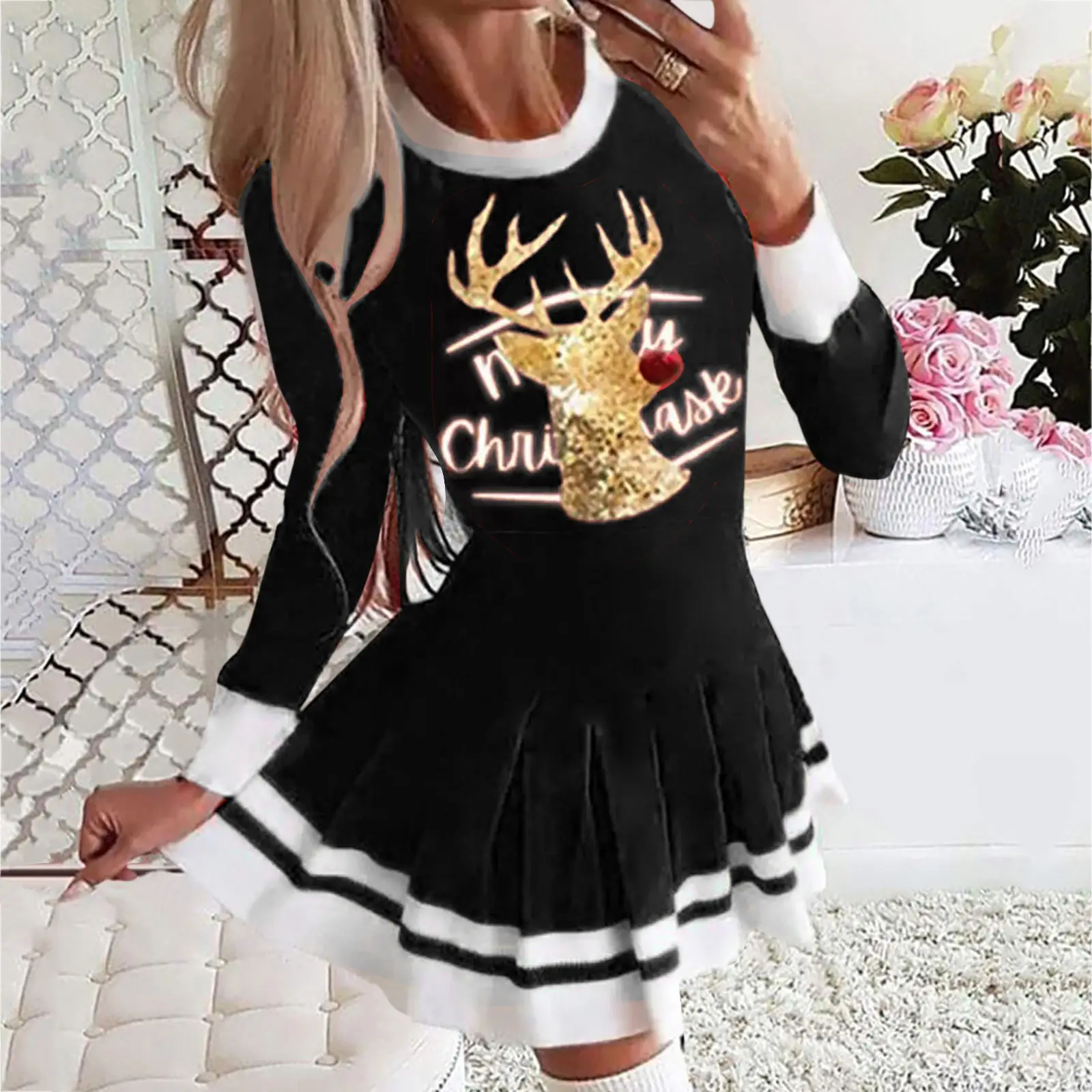 2025 Printed Pleated Dress Blue Deer Design - Image 7