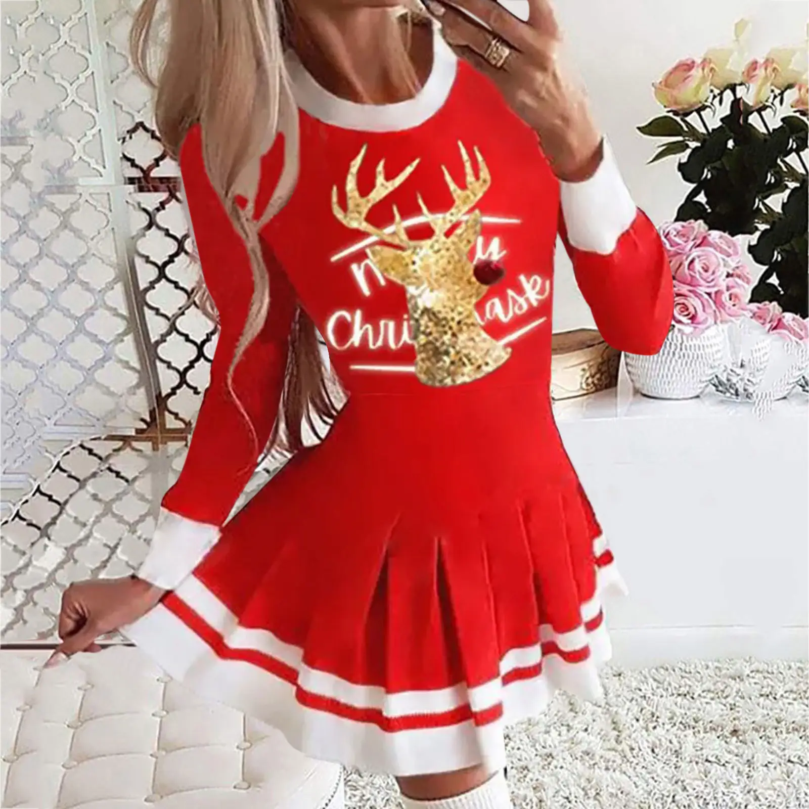 2025 Printed Pleated Dress Blue Deer Design - Image 2