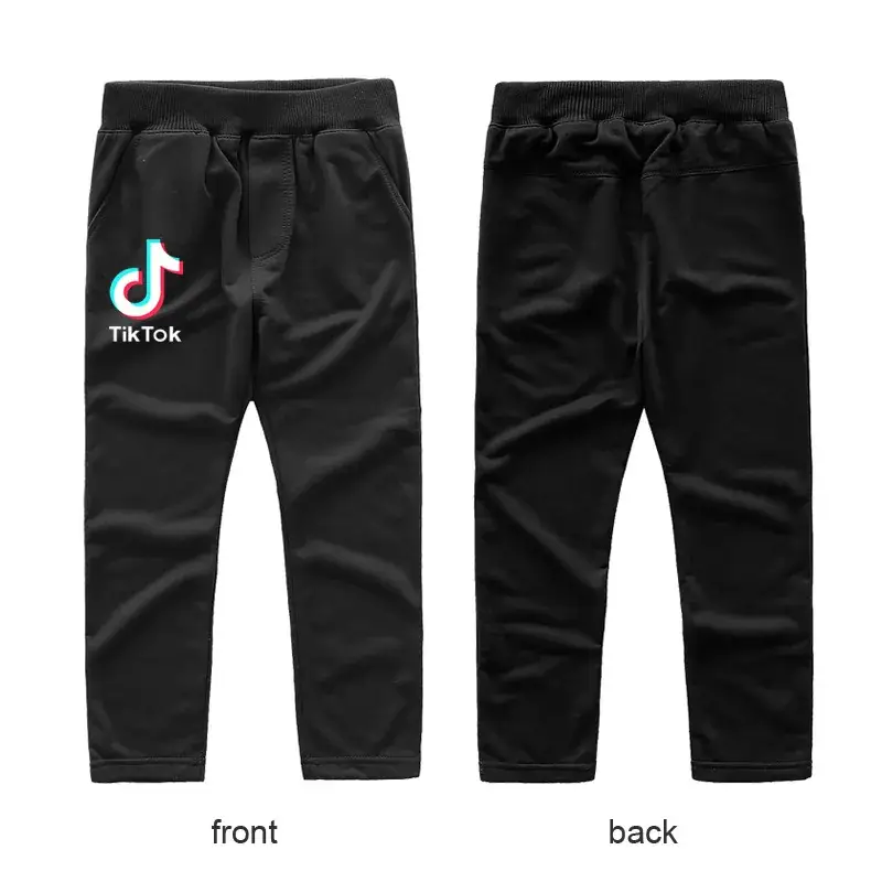 Black Casual Pants for Kids with Logo Front Back