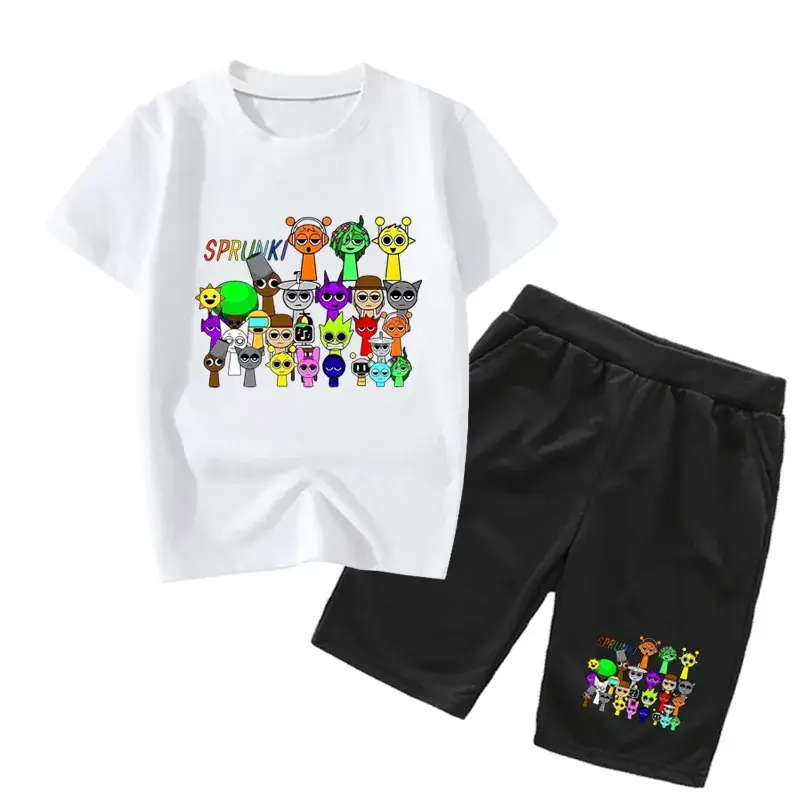 Kids Cartoon Print Short Sleeve Knitted Suit Black - Image 2