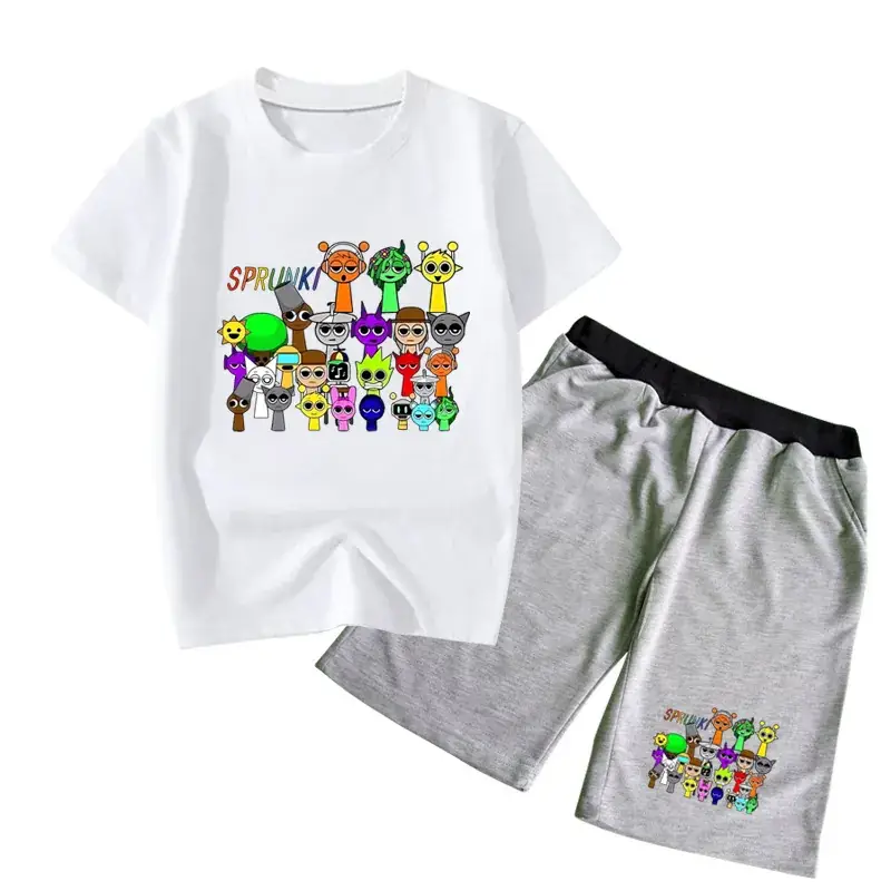Kids Cartoon Print Short Sleeve Knitted Suit Black - Image 4