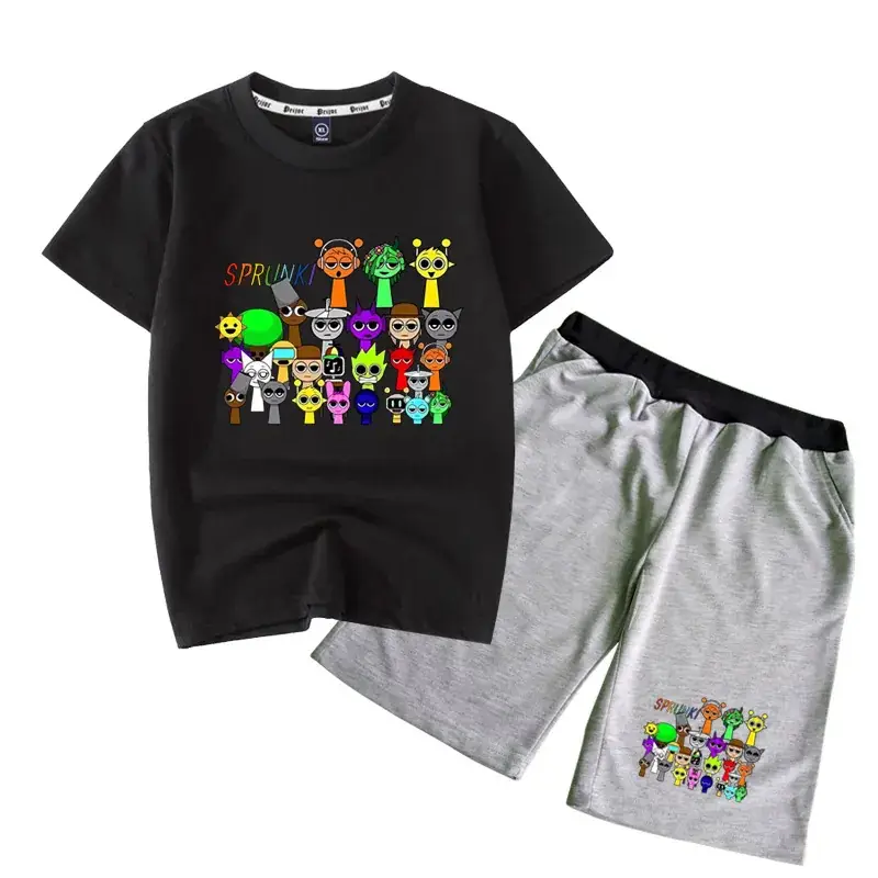 Kids Cartoon Print Short Sleeve Knitted Suit Black - Image 5