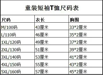 童装短袖统一100-160码图片尺寸表