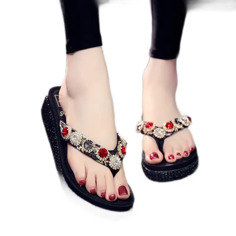 Internet Famous Sandals and Slippers Women's Summer Fashionable Rhinestone All-match Outwear Flip-flops Mid-heel Thick-soled Anti-slip Holiday Beach Shoes Trendy