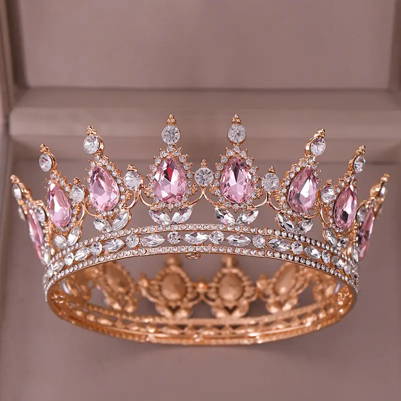 European Princess Bridal Crown with Pink Crystal Full Design - Image 16