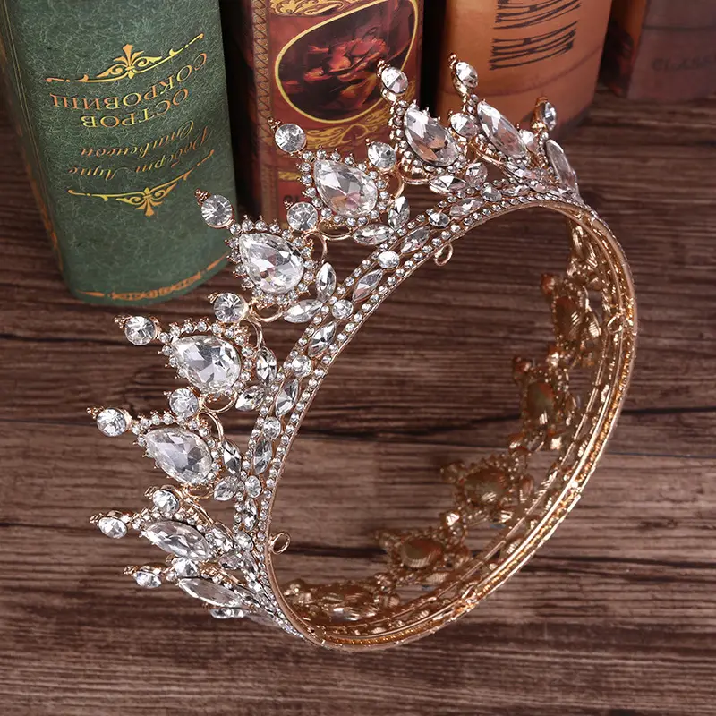European Princess Bridal Crown with Pink Crystal Full Design - Image 10
