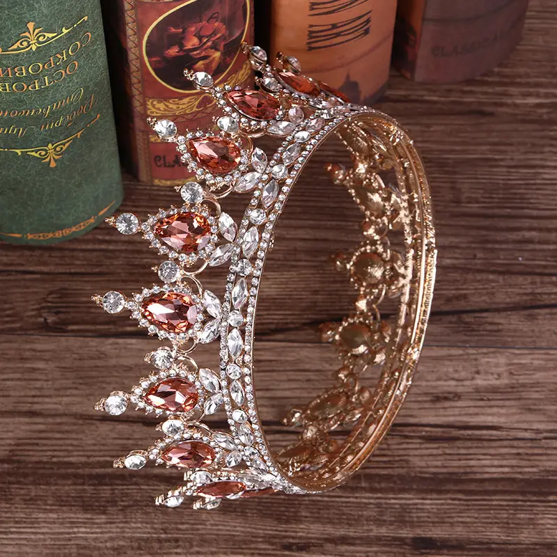European Princess Bridal Crown with Pink Crystal Full Design - Image 11