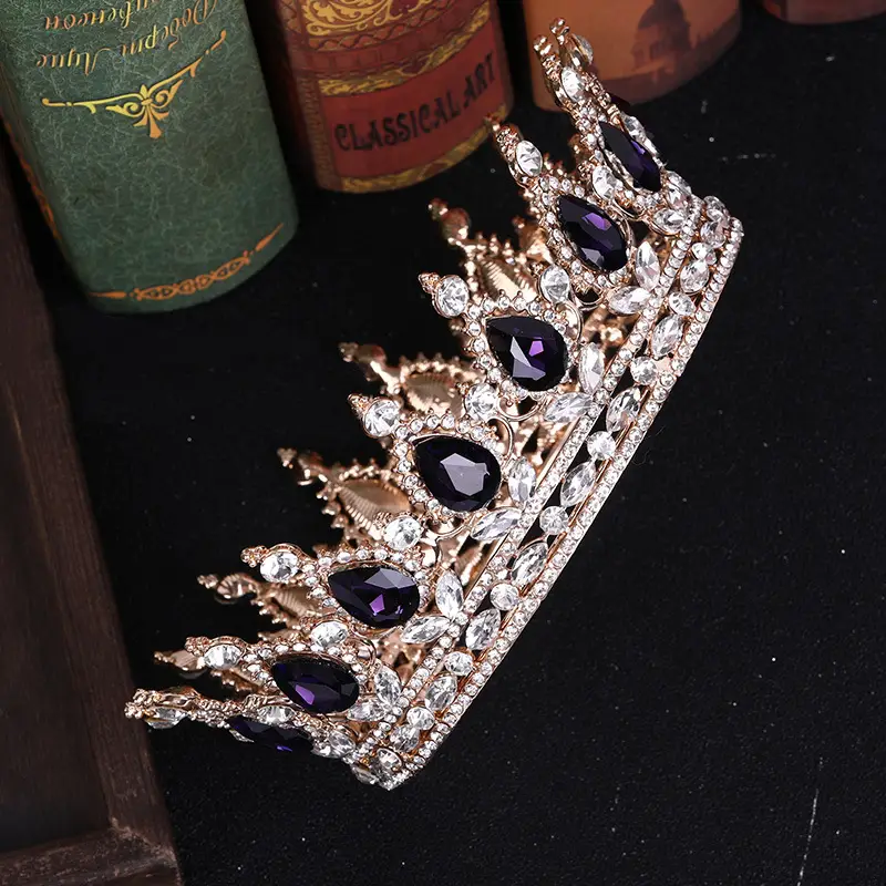 European Princess Bridal Crown with Pink Crystal Full Design - Image 12